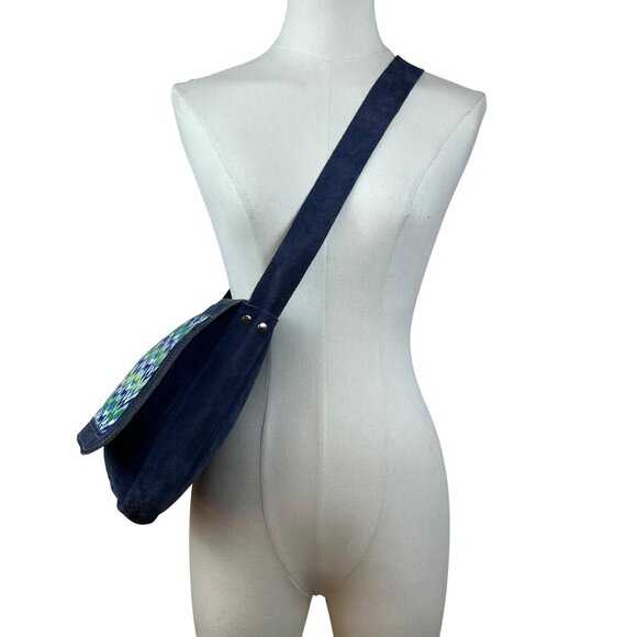 Handcrafted Navy Blue Suede With Chevron Pattern Front Panel Crossbody Bag - Picture 6 of 9